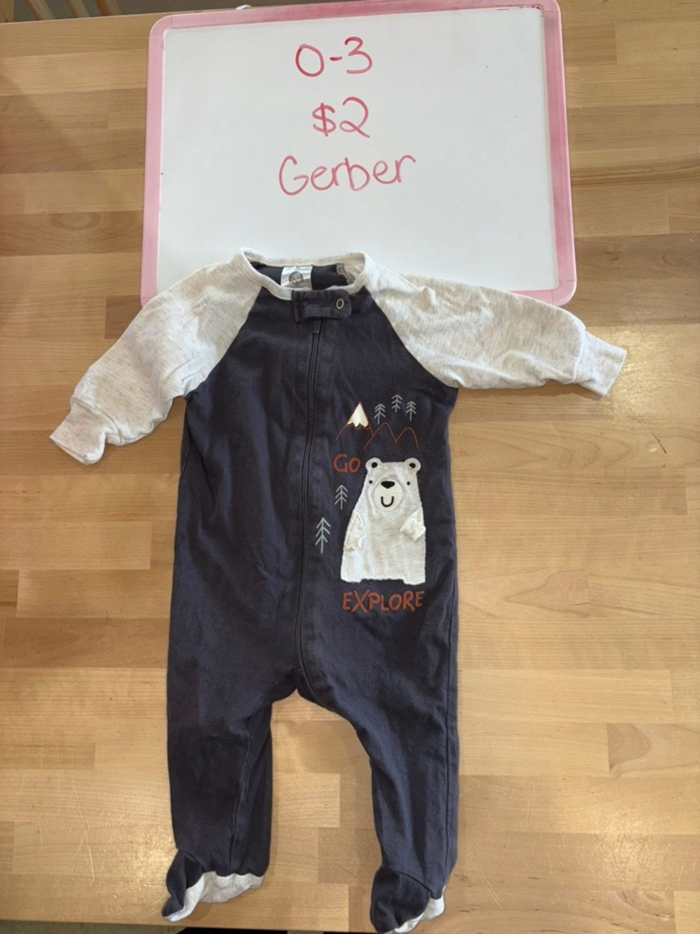 Gerber Navy and Light Gray Baby Footed Romper with Bear Applique